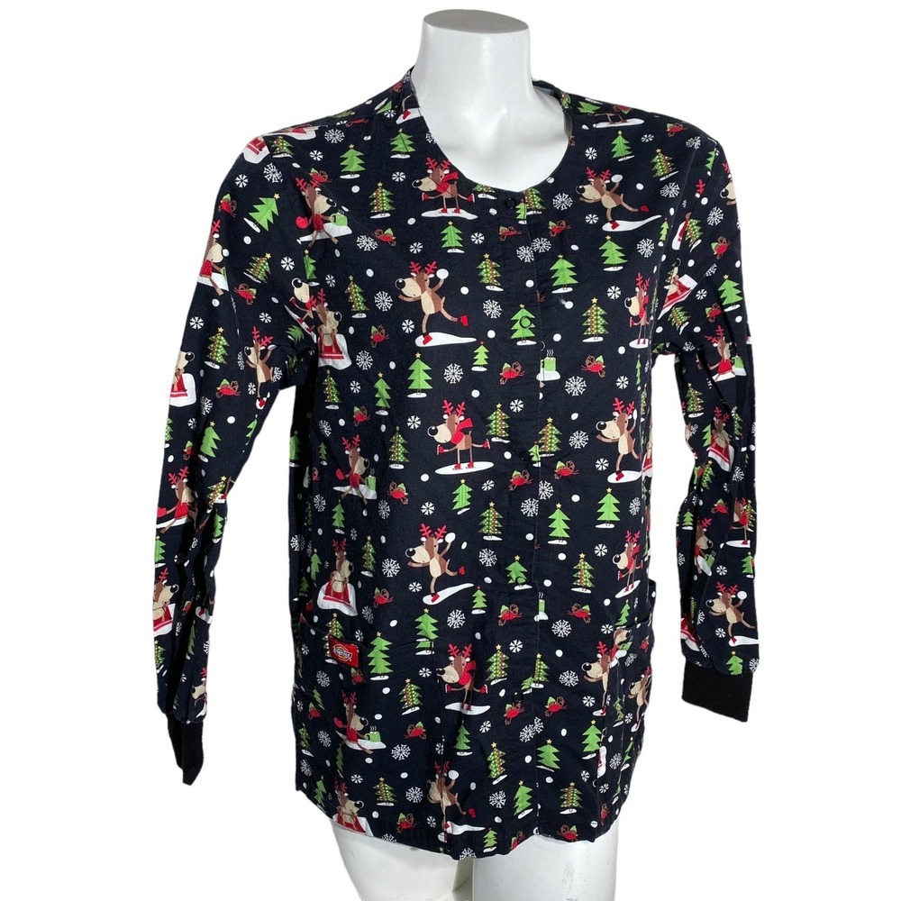 Dickies‎ Scrub Top Small LS Christmas Ice Skating Reindeer Xmas Trees Black